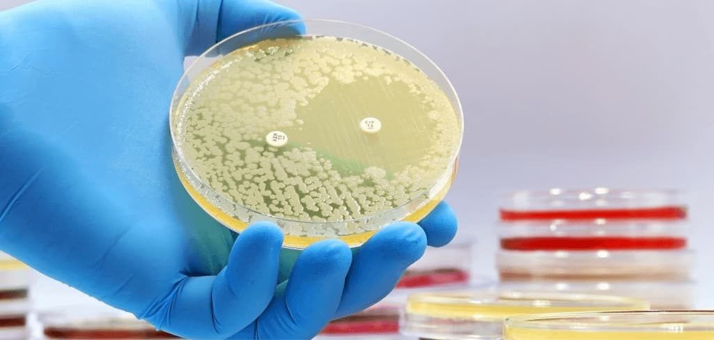 resistencia-antibioticos-placa-petri Caja de Petri con bacterias resistentes a antibióticos en laboratorio